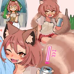 Rule 34 | 1girl, :d, animal ear fluff, animal ears, beer can, blue kimono, blush, bottle, brown eyes, brown hair, brown shirt, brown skirt, can, drink can, drunk, fang, futatsuiwa mamizou, glasses, grin, holding, holding can, japanese clothes, kimono, leaf, leaf on head, looking at viewer, one eye closed, open mouth, raccoon ears, raccoon girl, raccoon tail, shirt, short hair, short sleeves, skirt, smile, tail, tanuki, teeth, touhou, wine bottle, yoshiyuki (14330975), yukata