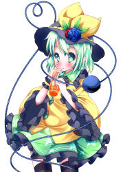Rule 34 | 1girl, black thighhighs, blush, cup, drink, drinking glass, drinking straw, frills, green eyes, green hair, hat, hat ribbon, highres, komeiji koishi, matching hair/eyes, no nose, pointy ears, ribbon, solo, thighhighs, third eye, touhou, wide sleeves, zefa (neoaltemice)
