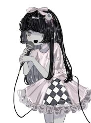 Rule 34 | 1girl, :d, @ @, black hair, choker, colored skin, cowboy shot, dress, eyeball hair ornament, frilled dress, frills, grey eyes, grey skin, hair ribbon, hands up, highres, holding, holding microphone, hougetsu (moon neetcat), long hair, looking at viewer, microphone, open mouth, original, pink choker, pink dress, pink ribbon, puffy short sleeves, puffy sleeves, ribbon, short sleeves, simple background, smile, solo, standing, white background