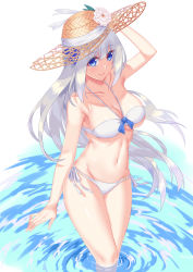 Rule 34 | 1girl, 5plus, arm at side, bandeau, bare shoulders, bikini, blue eyes, breasts, cleavage, eyebrows, eyelashes, flower, from above, groin, halterneck, hand up, hat, hat flower, hat ribbon, highres, large breasts, lexington (warship girls r), long hair, looking at viewer, navel, o-ring, o-ring bikini, o-ring bottom, ribbon, ripples, shade, side-tie bikini bottom, silver hair, smile, solo, standing, stomach, swimsuit, thigh gap, underboob, very long hair, wading, warship girls r, water, white background, white bikini, white flower