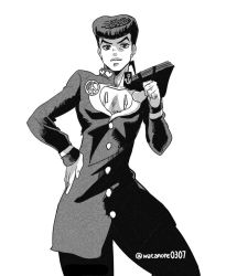 Rule 34 | 1boy, anchor print, bad id, bad twitter id, bag, cleavage cutout, clothing cutout, commentary request, greyscale, hand on own hip, heart, higashikata josuke, jacket, jojo no kimyou na bouken, looking at viewer, male focus, monochrome, pants, peace symbol, pompadour, school bag, school uniform, sketch, smile, solo, twitter username, watanore