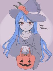 Rule 34 | 1girl, black hat, blue hair, grey background, halloween, halloween bucket, halloween costume, happy halloween, hat, hinanawi tenshi, long hair, looking at viewer, meikai (swr 104), open mouth, peach hat ornament, red eyes, solo, touhou, upper body, witch hat