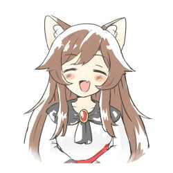 Rule 34 | 1girl, :d, animal ear fluff, animal ears, brown hair, closed eyes, facing viewer, fang, highres, imaizumi kagerou, long hair, long sleeves, open mouth, runi h, simple background, skin fang, smile, solo, touhou, upper body, white background, wolf ears, wolf girl