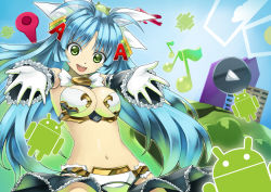 Rule 34 | android (os), armor, bad id, bad pixiv id, bikini armor, blue hair, breast clinging, fourteen, gloves, green eyes, os-tan, solo, twintails, white gloves