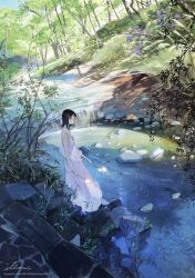 Rule 34 | 1girl, bamboo, black hair, dress, forest, from side, grass, illumi999, looking down, nature, original, outdoors, partially submerged, purple dress, signature, sleeveless, sleeveless dress, solo, stream, sunlight, tree, water