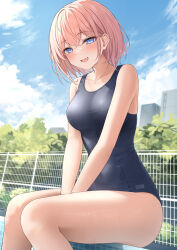 Rule 34 | 1girl, :d, bare arms, bare shoulders, blue eyes, blue one-piece swimsuit, blue sky, blush, breasts, collarbone, commentary request, crossed bangs, fang, highres, large breasts, looking at viewer, monaka curl, one-piece swimsuit, open mouth, original, outdoors, pink hair, short hair, sitting, skin fang, sky, smile, solo, swimsuit, thighs, wet