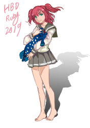 Rule 34 | 1girl, absurdres, aqua eyes, artist name, artist request, blush, bow, bowtie, feet, female focus, full body, green eyes, grey sailor collar, highres, holding, holding stuffed toy, kurosawa ruby, l0ssl3ssx, long sleeves, looking at viewer, love live!, love live! sunshine!!, red hair, sailor collar, school uniform, short hair, solo, stuffed animal, stuffed fish, stuffed toy, two side up, uranohoshi school uniform, white background, yellow bow, yellow bowtie