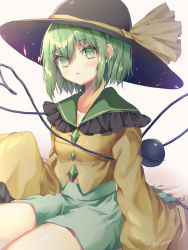 Rule 34 | 1girl, black hat, blouse, blush, breasts, bright pupils, closed mouth, collarbone, commentary request, expressionless, eyeball, frilled shirt collar, frills, green eyes, green hair, green skirt, hair between eyes, hat, hat ribbon, heart, heart of string, highres, komeiji koishi, long sleeves, looking at viewer, ribbon, shiromoru (yozakura rety), shirt, short hair, simple background, sitting, skirt, sleeves past fingers, sleeves past wrists, small breasts, solo, thighs, third eye, touhou, white background, yellow ribbon, yellow shirt