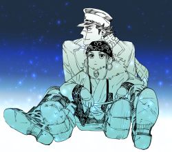 Rule 34 | 10s, 1boy, 1girl, age difference, ainu clothes, asirpa, bad id, bad pixiv id, blue background, blue theme, earrings, golden kamuy, gradient background, hat, hoop earrings, icym, jewelry, long sideburns, military, military hat, military uniform, monochrome, peaked cap, scar, scarf, shiraishi yoshitake, sideburns, sitting, snow, sugimoto saichi, uniform, white background