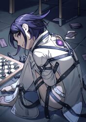 1boy absurdres alternate_costume barefoot bishop_(chess) board_game chair chess chess_piece closed_mouth danganronpa_(series) danganronpa_v3:_killing_harmony ewa_(seraphhuiyu) extra_eyes from_side highres king_(chess) knight_(chess) looking_at_viewer male_focus o-ring oma_kokichi pawn_(chess) pink_eyes purple_eyes rook_(chess) shiny_skin smile solo stone_floor straitjacket