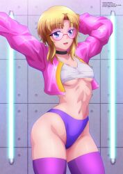 1girl absurdres arms_up blonde_hair blue_eyes blush breasts choker collarbone covered_erect_nipples glasses highres jacket kaori_shiruko long_sleeves looking_at_viewer navel open_clothes open_jacket open_mouth panties pink_jacket purple_panties purple_thighhighs short_hair small_breasts smile sports_bra standing stretching thighhighs underboob underwear white_sports_bra yukino_memories zel-sama