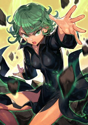 Rule 34 | 1girl, black dress, breasts, collared dress, curly hair, dress, floating rock, green eyes, green hair, hungry clicker, long sleeves, looking at viewer, one-punch man, open mouth, short hair, side slit, small breasts, solo, tatsumaki, telekinesis, thighs