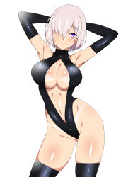 Rule 34 | 1girl, armpits, arms behind head, bare shoulders, bikini tan, black gloves, black thighhighs, blush, breasts, cleavage, closed mouth, contrapposto, dark-skinned female, dark skin, elbow gloves, fate/grand order, fate (series), female focus, gloves, groin, hair over one eye, highleg, highres, kagemusha, large breasts, legs apart, looking at viewer, mash kyrielight, navel, open clothes, purple eyes, purple hair, shiny skin, short hair, simple background, skindentation, smile, solo, tan, tanline, thighhighs, thighs, unzipped, white background, zipper, zipper pull tab