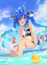 4girls :d @_@ ahoge animal_ears aqua_hair arms_up bikini black_bikini blue_eyes blue_hair blue_one-piece_swimsuit blue_sky blunt_ends bob_cut bow cloud commentary_request crossed_bangs day feet hair_bow heterochromia highres horse_ears horse_girl horse_tail ikuno_dictus_(umamusume) lens_flare light_brown_hair long_hair looking_at_viewer matikane_tannhauser_(umamusume) monmonmur multicolored_hair multiple_girls nice_nature_(umamusume) one-piece_swimsuit open_mouth orange_hair outdoors poolside purple_eyes red_bikini red_hair rubber_duck sharp_teeth short_hair sidelocks sitting sky smile sparkle splashing streaked_hair striped_bow swimsuit tail teeth toes twin_turbo_(umamusume) twintails twitter_username two-tone_bikini two-tone_hair umamusume upper_teeth_only very_long_hair water white_bikini