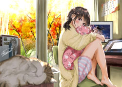 Rule 34 | 1girl, autumn, autumn leaves, barefoot, blush, brown hair, calendar (object), cardigan, cat, closed mouth, curtains, day, drawing tablet, feet, glass door, hair tie, highres, holding, holding stylus, hugging object, indoors, leaf, legs, looking at viewer, loungewear, maple leaf, medium hair, monitor, original, pajamas, pillow, pillow hug, ponytail, red eyes, signature, sliding doors, smile, solo, soragane (banisinngurei), striped clothes, striped legwear, striped pajamas, stylus, thighs, tree, yellow cardigan