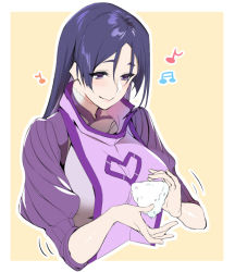 Rule 34 | 1girl, blush, bodysuit, border, breasts, closed mouth, fate/grand order, fate (series), food, hair between eyes, hinazuka ryou, large breasts, long hair, minamoto no raikou (fate), motion lines, musical note, onigiri, parted bangs, puffy sleeves, purple bodysuit, purple eyes, purple hair, ribbed sleeves, simple background, sleeves rolled up, smile, solo, tabard, very long hair, white border, yellow background