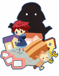 Rule 34 | 1boy, 1girl, animal, arms at sides, banana peel, blue dress, blue outline, blush stickers, box, cardboard box, crt, dress, hitofutarai, holding, hooded dress, kumatora, long sleeves, looking back, monkey, mother (game), mother 3, nintendo, open mouth, outline, red footwear, red hair, salsa (mother), short hair, silhouette, standing, white background, yokuba