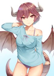 Rule 34 | 1girl, absurdres, adjusting clothes, arm at side, blue background, blue shirt, blush, bra, bra strap, breasts, closed mouth, collarbone, cowboy shot, dragon girl, dragon horns, dragon tail, dragon wings, frown, gluteal fold, gradient background, grea (shingeki no bahamut), hair between eyes, highres, horns, long sleeves, manaria friends, medium breasts, mengo, no pants, off shoulder, panties, pantyshot, purple bra, purple hair, purple panties, red eyes, scales, shingeki no bahamut, shirt, single bare shoulder, solo, standing, tail, underwear, white background, wings