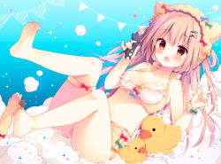Rule 34 | 1girl, :o, animal ears, bare shoulders, barefoot, blue bow, blush, boots, bow, breasts, brown hair, brown shorts, cat ears, cat hair ornament, cleavage, collarbone, commentary request, fake animal ears, fang, flower, green bow, hair between eyes, hair flower, hair ornament, hairclip, holding, izumiyuhina, long hair, looking at viewer, medium breasts, open mouth, original, pennant, pink flower, red bow, red eyes, rubber boots, short shorts, shorts, soles, solo, string of flags, striped, striped bow, very long hair, yellow bow