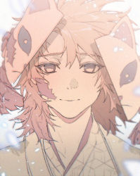 Rule 34 | 1boy, bad id, bad pixiv id, broken mask, brown hair, closed mouth, commentary, facial scar, floating hair, fox mask, glowing, glowing petals, haori, japanese clothes, kimetsu no yaiba, light smile, looking at viewer, male focus, mask, mask on head, petals, pig ggul, portrait, sabito (kimetsu), sad, scar, scar on cheek, scar on face, simple background, smile, straight-on, tassel, white background, wind