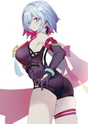 Rule 34 | 1girl, arin (1010 ssu), ass, bare shoulders, blue eyes, blush, breasts, detached sleeves, elbow gloves, from behind, gloves, honkai: star rail, honkai (series), large breasts, leotard, looking at viewer, short hair, sideboob, smile, solo, thick thighs, thigh strap, thighs, topaz (honkai: star rail), white hair