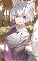 Rule 34 | 1girl, absurdres, animal ear fluff, animal ears, bag, black sweater, breasts, closed mouth, collarbone, commentary request, day, fox ears, fox girl, fox tail, grey hair, grey skirt, hair between eyes, highres, looking at viewer, medium breasts, original, outdoors, red eyes, ribbed sweater, shoulder bag, sketch, skirt, smile, solo, sweater, tail, tail raised, tree, yuuji (yukimimi)