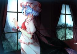 Rule 34 | 1girl, bad id, bad pixiv id, bat wings, commentary request, dress, gem, highres, looking to the side, miri (miri0xl), puffy sleeves, remilia scarlet, short hair, short sleeves, solo, touhou, vampire, window, wings