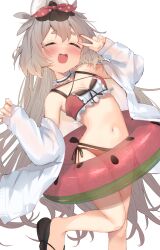 Rule 34 | 1girl, bare shoulders, barefoot, bikini, blush, breasts, brown hair, choker, cleavage, closed eyes, commission, criss-cross halter, eip (pepai), facing viewer, flip-flops, foot out of frame, frilled bikini, frills, grey hair, hair between eyes, halterneck, highres, innertube, jacket, leaning back, leg up, long hair, long sleeves, navel, off shoulder, open clothes, open jacket, open mouth, original, paid reward available, polka dot, red bikini, sandals, see-through, side-tie bikini bottom, simple background, skeb commission, sleeves past wrists, small breasts, smile, solo, squirrel (jjjjmmn err), standing, standing on one leg, stomach, swim ring, swimsuit, teeth, thick eyebrows, upper teeth only, very long hair, w, white background, white jacket, yawning
