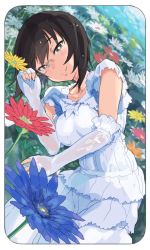 Rule 34 | 10s, 1girl, black eyes, black hair, breasts, closed mouth, day, dress, dutch angle, field, fingerless gloves, flower, flower field, framed, girls und panzer, gloves, highres, kawashima momo, looking at viewer, lying, medium breasts, monocle, norinco, on side, outdoors, short hair, short hair with long locks, smile, solo, upper body, white dress