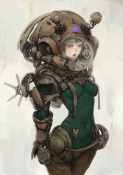 Rule 34 | 1girl, armor, bodysuit, breasts, covered navel, fantasy, green bodysuit, grey eyes, helmet, highres, impossible clothes, medium breasts, mujiha, open mouth, original, simple background, solo, white background