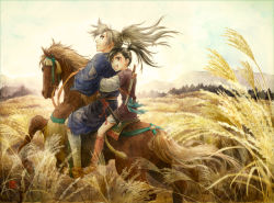 Rule 34 | 1boy, 1girl, :d, androgynous, bandaged leg, bandages, black hair, calligraphy brush (medium), closed mouth, commentary request, day, dororo (character), dororo (tezuka), field, from behind, grey hair, holding, holding reins, horse, horseback riding, hug, hug from behind, hyakkimaru (dororo), japanese clothes, kimono, leg warmers, long hair, long sleeves, looking at viewer, looking back, mixed media, momomori, mountain, multiple boys, multiple riders, open mouth, outdoors, painting (medium), ponytail, profile, red eyes, reins, riding, sandals, sheath, sheathed, sky, smile, susuki grass, traditional media, waraji, watercolor (medium), wide sleeves
