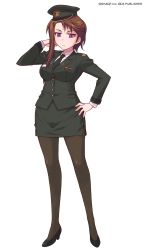 Rule 34 | 1girl, brown hair, bullet girls, copyright notice, full body, hand to head, hat, high heels, long hair, long sleeves, military, military uniform, necktie, official art, pantyhose, peaked cap, pencil skirt, pumps, purple eyes, serious, side slit, skirt, solo, transparent background, uniform