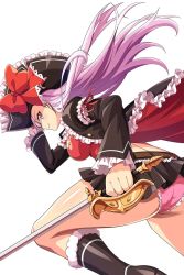 Rule 34 | 1girl, ass, belt, black footwear, black hat, black jacket, black skirt, boots, bow, breasts, bustier, captain liliana, closed mouth, floating hair, frilled panties, frills, hand up, hat, holding, holding sword, holding weapon, jacket, large breasts, legs, long hair, looking at viewer, miniskirt, official art, panties, pink eyes, pink hair, pink panties, pirate, pirate hat, pleated skirt, profile, queen&#039;s blade, queen&#039;s blade rebellion, queen&#039;s blade white triangle, rapier, red bow, ribbon, skirt, smile, solo, sword, underwear, weapon, wind, wind lift