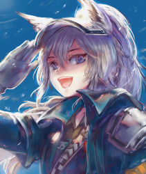 Rule 34 | 1girl, :d, animal ears, arknights, artist name, gloves, grani (arknights), highres, horse girl, long hair, looking at viewer, open mouth, police, police uniform, policewoman, portrait, purple eyes, salute, silver hair, sky, smile, solo, uniform, wolf ears, wolf girl, xilveroxas