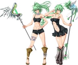 Rule 34 | 2girls, bare shoulders, blush, breasts, caam serenity of gusto, cleavage, collar, collarbone, duel monster, covered erect nipples, full body, green eyes, green hair, hair ornament, hand on own hip, highres, jewelry, long hair, looking at viewer, medium breasts, midriff, multiple girls, navel, ponytail, sandals, shorts, smile, staff, tore-saki, transparent background, winda priestess of gusto, yu-gi-oh!