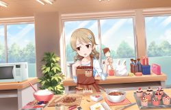 Rule 34 | 10s, 1girl, apron, artist request, bag, blonde hair, blush, brown eyes, chocolate, collarbone, cookie cutter, cupcake, d:, drill hair, earrings, eyebrows, food, fruit, gift, idolmaster, idolmaster cinderella girls, idolmaster cinderella girls starlight stage, jewelry, lamp, long hair, long sleeves, looking away, measuring cup, microwave, mixing bowl, morikubo nono, official art, open mouth, plant, plastic bag, recipe (object), rolling pin, solo, spatula, strawberry, tree, whipped cream, whisk, window