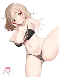 Rule 34 | 1girl, absurdres, arm support, ass, azur lane, bad id, bad perspective, bad pixiv id, black bra, blonde hair, bra, breasts, brown eyes, cameltoe, cleft of venus, closed mouth, collarbone, artistic error, hair between eyes, heart, heart-shaped pupils, highres, large breasts, leg up, lingerie, lomocya, looking at viewer, lying, multicolored hair, navel, nipples, on side, pussy, red hair, roon (azur lane), short hair, smile, solo, stomach, streaked hair, symbol-shaped pupils, thighs, underwear, underwear only