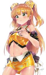 Rule 34 | 1girl, bare shoulders, belt, blonde hair, blush, bow, breast conscious, breasts, eyelashes, green eyes, hair bow, hands on own chest, highres, hip focus, idolmaster, idolmaster cinderella girls, jougasaki rika, long hair, midriff, navel, shift (waage), shiny skin, simple background, skirt, small breasts, solo, thighs, two side up, white background, yellow skirt