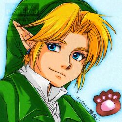 1boy adversarial_noise blonde_hair blouse blue_background blue_eyes closed_mouth collared_shirt curtained_hair earrings elf forehead green_hat green_shirt hat jewelry light_smile link male_focus nintendo paw_print phrygian_cap pointy_ears popped_collar portrait rxmmjrcrhvoyoxx shirt short_hair smirk solo stud_earrings the_legend_of_zelda the_legend_of_zelda:_ocarina_of_time watermark