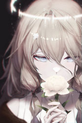 Rule 34 | 1girl, absurdres, arknights, bare shoulders, black background, brown hair, cecelia (arknights), commentary request, covered mouth, flower, grey eyes, hair between eyes, halo, highres, holding, holding flower, long hair, shirt, sleeveless, sleeveless shirt, solo, upper body, white flower, white shirt, wister