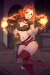 Rule 34 | 1girl, 5-ish, armor, body freckles, boots, breasts, chandra nalaar, commentary, copyright request, english commentary, fingerless gloves, fire, freckles, gloves, highres, indoors, looking at viewer, magic: the gathering, navel, pauldrons, red eyes, red hair, shoulder armor, smile, solo, standing, standing on one leg, teeth, thighhighs
