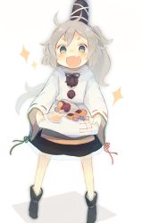 Rule 34 | 1girl, :d, ashiyu (ashu-ashu), black footwear, black skirt, boots, candy, commentary request, cookie, fang, food, full body, grey hair, happy, hat, highres, hikimayu, japanese clothes, kariginu, lollipop, long hair, looking at viewer, mononobe no futo, open mouth, pom pom (clothes), ponytail, short eyebrows, simple background, skirt, smile, solo, sparkle, standing, sweet potato, tate eboshi, touhou, white background