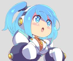 Rule 34 | 1girl, android, armor, blue eyes, blue hair, blush, bodysuit, breasts, deformed, from side, gradient hair, grey background, headphones, highres, large breasts, long hair, mega man (series), mega man x (series), mega man x dive, multicolored hair, navigator, open mouth, rico (mega man), side ponytail, simple background, solo, symbol in eye, upper body