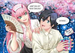 Rule 34 | 1boy, 1girl, albyee, alternate costume, aqua eyes, black hair, black skirt, blunt bangs, breasts, breasts apart, cherry blossoms, cleavage, collarbone, commentary, couple, darling in the franxx, dated, denial, english commentary, english text, eyelashes, eyeliner, fang, folding fan, gift, hairband, hand fan, hand on another&#039;s shoulder, hand up, hands up, hiro (darling in the franxx), holding, holding gift, horns, jewelry, large breasts, long hair, long sleeves, looking at another, looking to the side, merry christmas, necklace, oni horns, open mouth, outdoors, partially unbuttoned, pink hair, red eyeliner, red horns, shirt, short hair, sidelocks, skin fang, skirt, speech bubble, upper body, white shirt, wide sleeves, zero two (darling in the franxx)