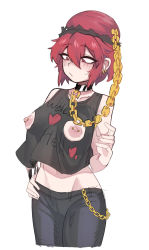 Rule 34 | 1girl, adapted costume, bare arms, bare shoulders, black choker, black pants, black shirt, chain, choker, clothes writing, collarbone, earrings, gold chain, groin, hair between eyes, hand on own hip, hand up, heart, hecatia lapislazuli, highres, jewelry, multiple earrings, navel, nipple cutout, nipple piercing, nipples, nyong nyong, pants, piercing, red eyes, red hair, shirt, short hair, simple background, solo, tank top, touhou, white background