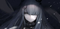 Rule 34 | 1girl, absurdres, arknights, bad id, bad pixiv id, black background, commentary, english commentary, frostnova (arknights), grey eyes, grey scarf, hair ornament, hair over eyes, hairclip, highres, long hair, looking at viewer, resolution mismatch, revision, scar, scar on face, scar on nose, scarf, silver hair, smile, snowing, solo, source smaller, timitarcat, upper body