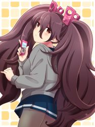 Rule 34 | 1girl, artist request, bad id, bad pixiv id, battle girl high school, breasts, cellphone, chestnut mouth, hair ornament, long hair, pantyhose, phone, school uniform, smartphone, tsubuzaki anko, twintails