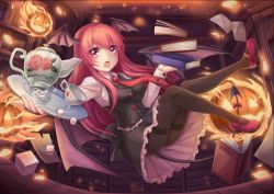 Rule 34 | 1girl, black pantyhose, black skirt, black wings, book, bookshelf, bow, breasts, cup, demon tail, demon wings, dropping, fang, fire, floral print, full body, head wings, indoors, jack-o&#039;-lantern, koakuma, library, long sleeves, looking at viewer, medium breasts, miniskirt, necktie, open mouth, pantyhose, penny (douding), red bow, red eyes, red footwear, red hair, red necktie, saucer, shoes, skirt, skirt set, solo, sugar cube, tail, tail bow, tail ornament, teacup, teapot, thighband pantyhose, touhou, wings