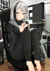 Rule 34 | 1girl, :o, absurdres, barefoot, black hair, black pants, black shirt, black sweater, blue eyes, calendar (object), chair, computer, cup, drawing tablet, feet, feet on chair, fur trim, hair between eyes, highres, holding, holding mug, ikashun, indoors, legs folded, long hair, looking at viewer, monitor, mug, multicolored hair, office chair, open mouth, original, pants, shirt, silver hair, sitting, solo, streaked hair, sweater, swivel chair, toes, wooden floor