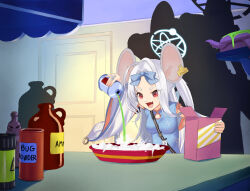 Rule 34 | 1girl, animal ears, blue archive, blue dress, blue halo, breasts, detached sleeves, dress, fang, grey hair, halo, highres, jewelry, long hair, mouse ears, open mouth, parody, red eyes, ring, saya (blue archive), skin fang, small breasts, smile, solo, tom and jerry, white sleeves, ziz (pandora707)